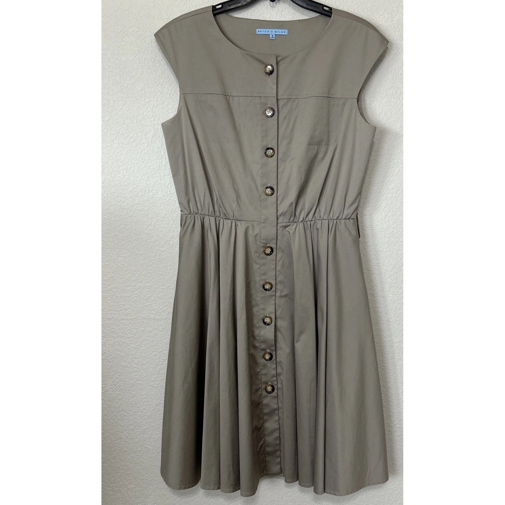 Antonio Melani Sz 8 Button Sheath Taupe Dress Brown Lined Sleeveless Y2K‎ Career